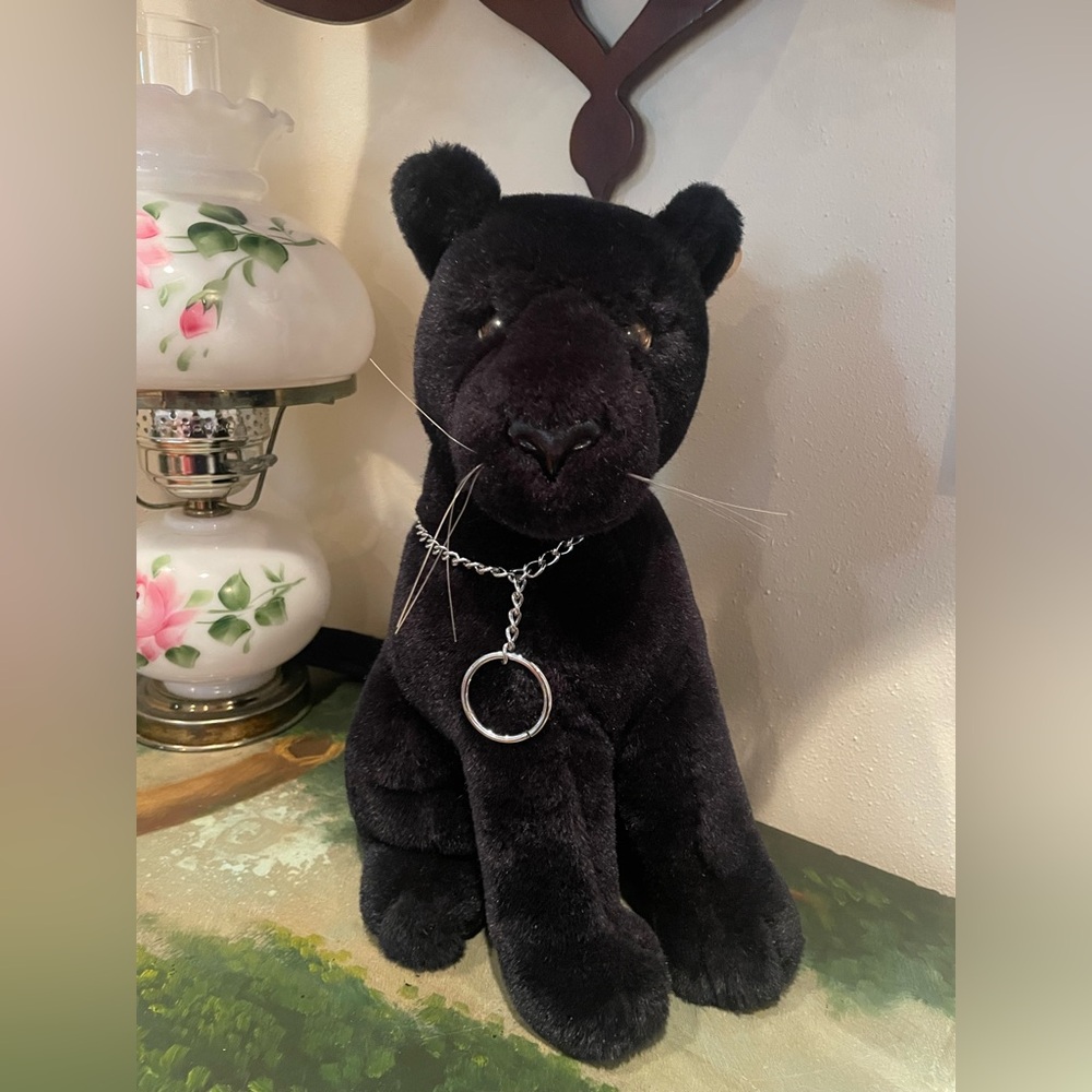 Dakin Black Panther Cat Plush Toy with Silver Chain Vintage 1980’s